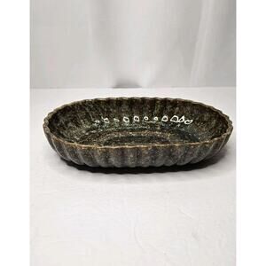 Vintage Brush Glaze Drip Green Brown Pottery Planter #104-9 1950's 9"x 6"x2"